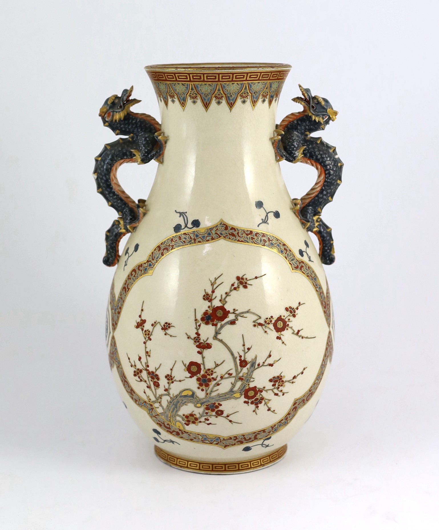 A large Japanese Satsuma pottery vase, late 19th century, 33.5cm, some damage to handles